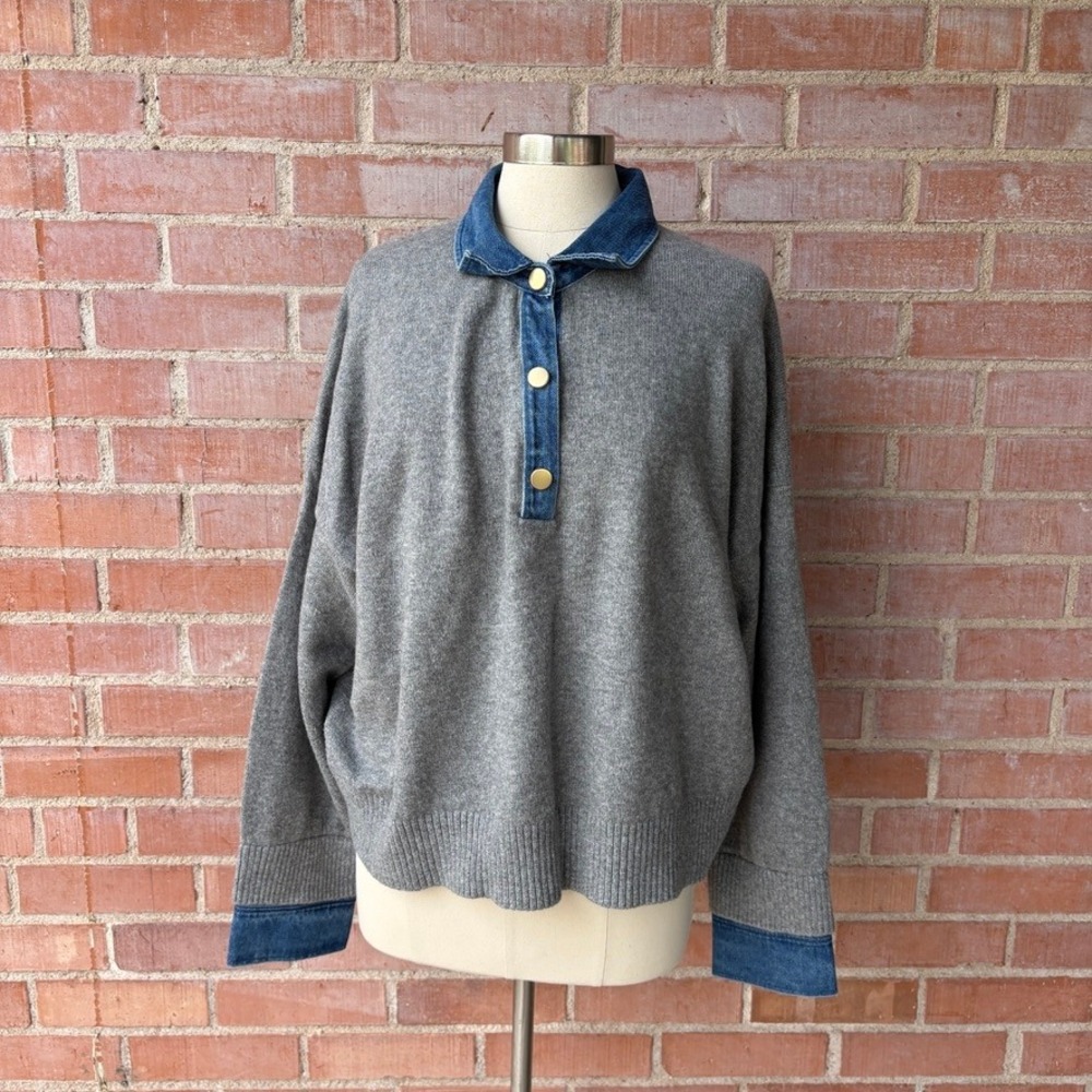 LOFT Denim trim Henley Sweater Women's XXL Gold Snaps Relaxed Fit Polo
